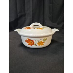 DESCOWARE Belgium CAST IRON ENAMEL WHITE FALL MAPLE LEAVES CASSEROLE BAKING